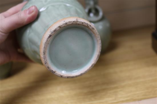 A Chinese celadon glazed vase, 23cm, a pair of vases and a dish